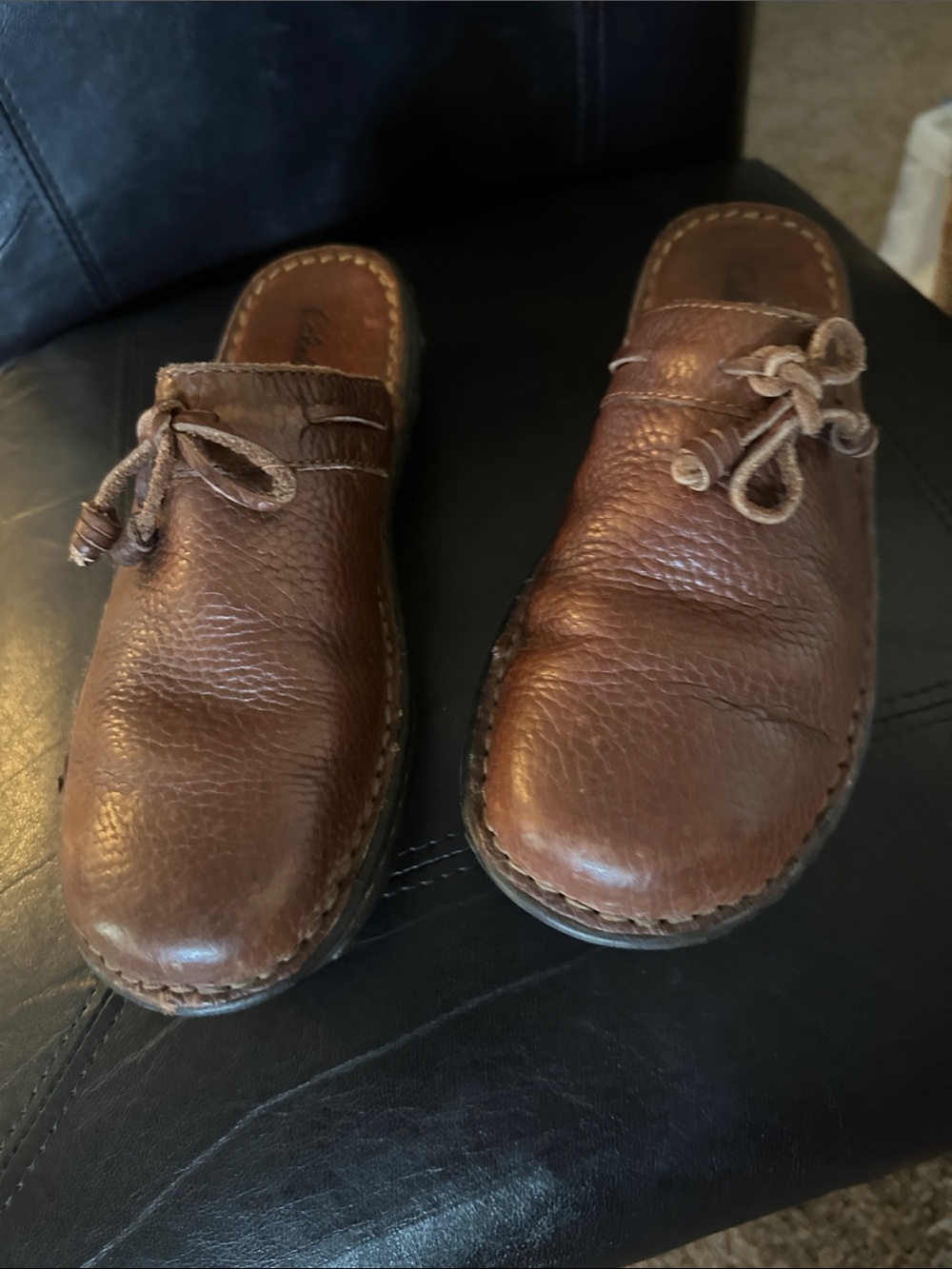 Womens Brown Leather Slip-On Clogs
